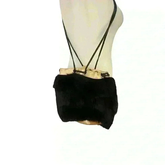 Foley & Corinna Faux Fur Black Handbag Purse Gold trim Special Occasion Fun - Picture 3 of 15